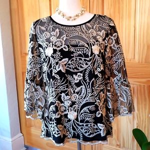 Alex Evenings Black and Gild Embroidered Black Mesh Blouse - Size L